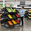 Professional Double Sided Mobile Fruit and Vegetable Display Unit - 1200mm Width with Multiple Shelves and Castors