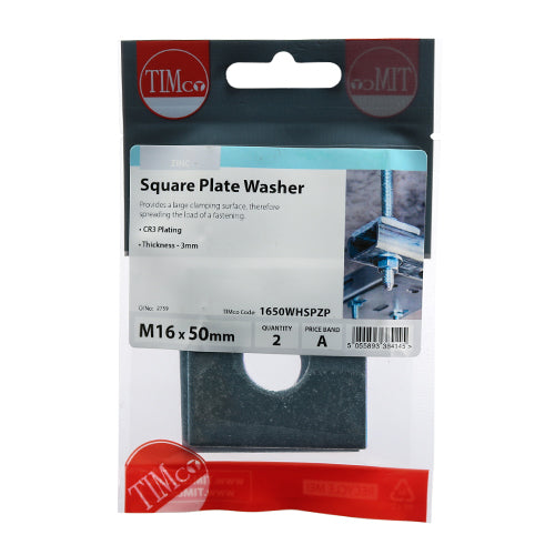 Square Plate Washers - Zinc - M16 x 50 x 50 x 3