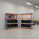 4x Heavy Duty Shelving - 1600mm High - Blue & Orange with 8x 37L Plastic Storage Boxes