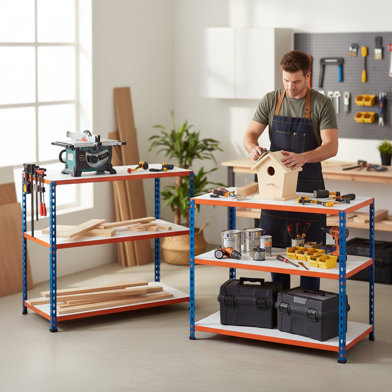 Premium Workbenches - 990mm High - 200kg Capacity - Melamine - Blue/Orange