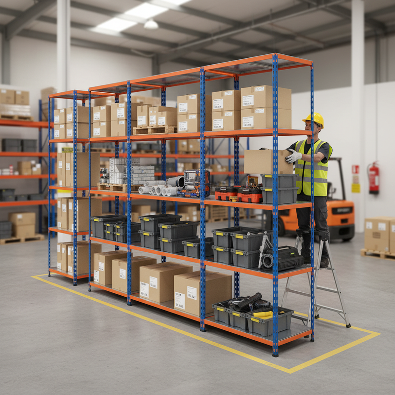 3x Premium Industrial Shelving - 2440mm High - 200kg Load Capacity - Steel - Blue & Orange