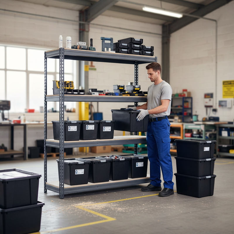 2x Heavy Duty Shelving - 2000mm High - Grey with 8x 37L Plastic Storage Boxes