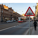 Professional Tram Crossing Ahead Sign - Durable Road Post Mounted Warning with Optional Distance Plate
