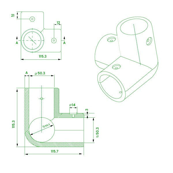 GRP 3 Way Corner – Yellow 90° Clamp for 50mm Handrail Tube