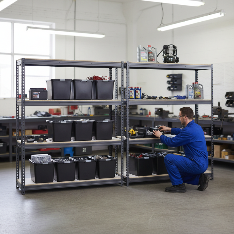 2x Premium Heavy Duty Shelving - 1800mm High - Grey with 8x 37L Plastic Storage Boxes