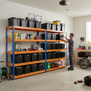 4x Premium Heavy Duty Shelving - 1770mm High - Blue & Orange with 8x 37L Plastic Storage Boxes