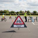 Premium Compact Cycle Route Ahead Sign with Supplementary Plate for Child Cycle Training - Durable and Portable Roll-Up Design