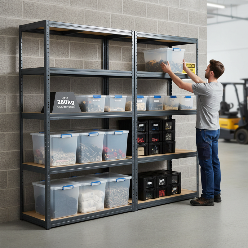 2x Heavy Duty Shelving Units - 2130mm High - Grey with 12x 33.5L Storage Boxes