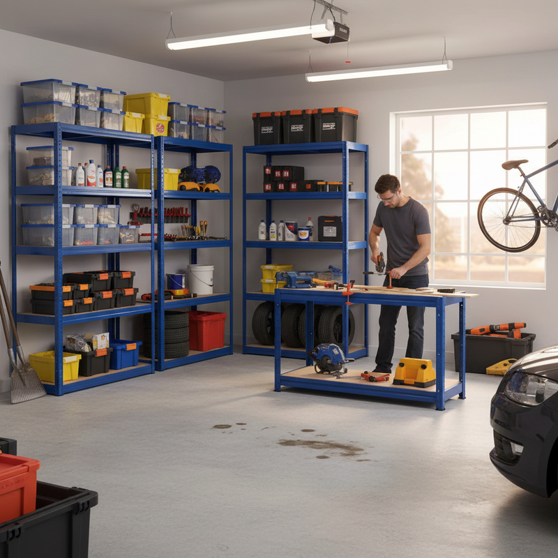 4x Premium Shelving Units - 1800mm High & 1x Professional Workbench - 1600mm Wide - Blue