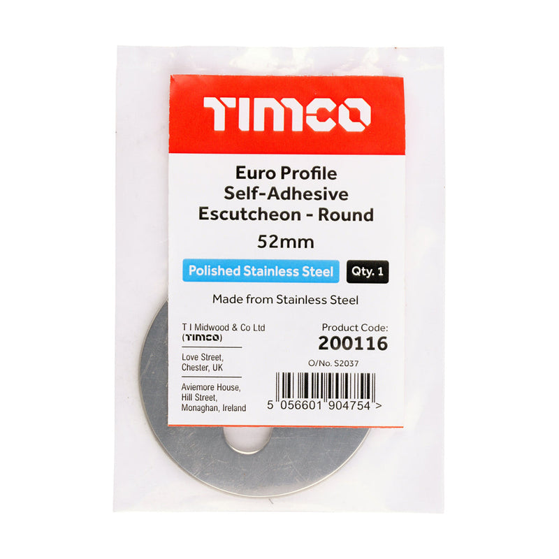 Euro Profile Self-Adhesive Escutcheon - Round - Polished Stainless Steel - 52mm