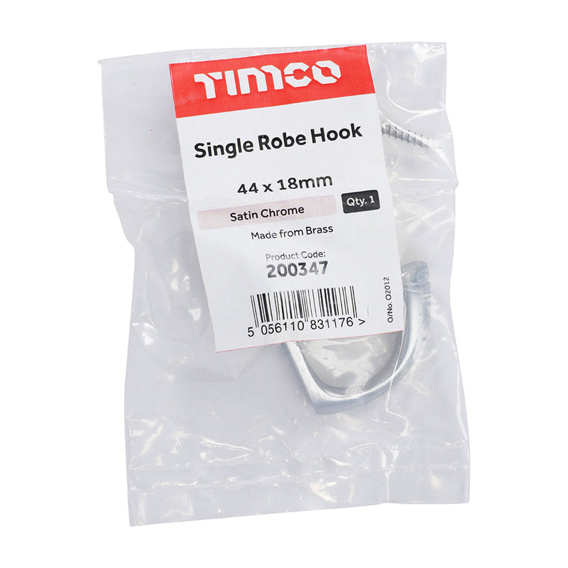 Single Robe Hook - Satin Chrome - 44 x 18mm