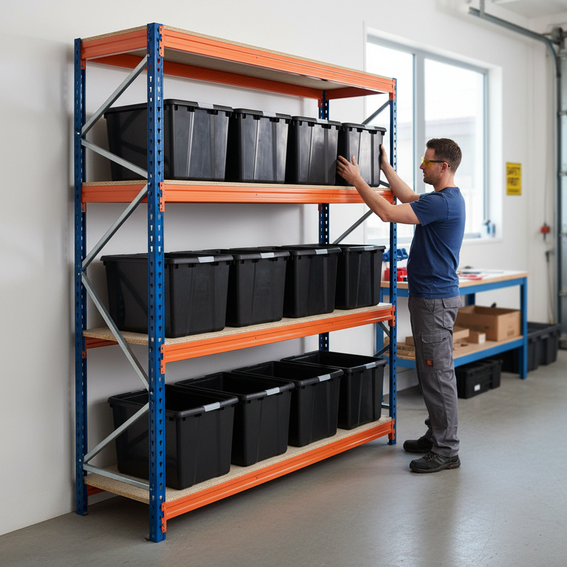 2x Heavy Duty Shelving - 2000mm High - Blue & Orange with 8x 62L Storage Boxes