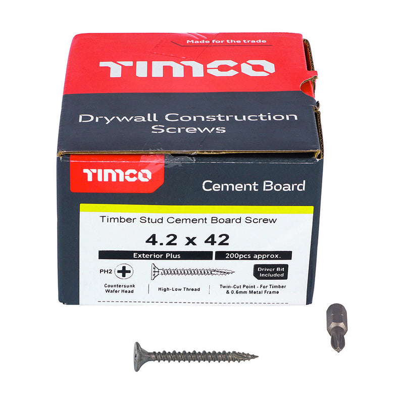 Drywall Construction Timber Stud Cement Board Screws - PH - Countersunk Wafer - Twin-Cut - Exterior - Silver Organic - 4.2 x 42