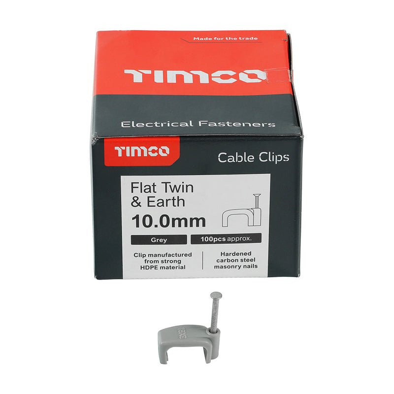 Flat Twin & Earth Cable Clips - Grey - To fit 10.0mm
