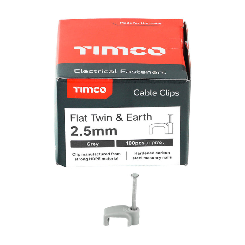 Flat Twin & Earth Cable Clips - Grey - To fit 2.5mm
