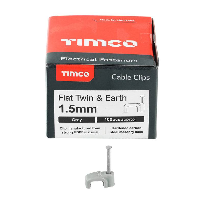 Flat Twin & Earth Cable Clips - Grey - To fit 1.5mm