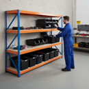 3x Premium Heavy Duty Shelving - 2000mm High - Blue & Orange with 8x 62L Plastic Storage Boxes