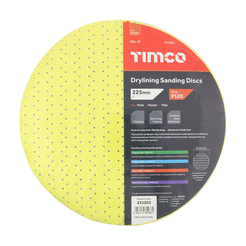 Drylining Sanding Discs - 120 Grit - Yellow - 225mm