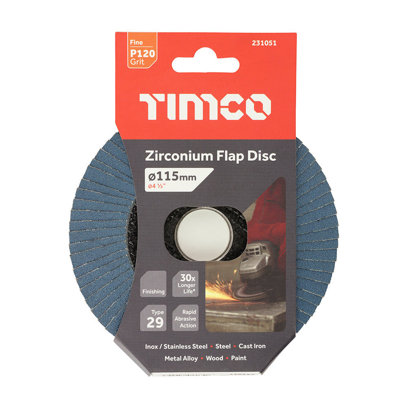 Flap Disc - Zirconium - Type 29 Conical - P120 Grit - 115 x 22.23