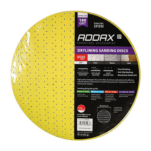 Drylining Sanding Discs - 180 Grit - Yellow - 225mm
