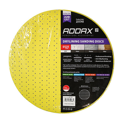 Drylining Sanding Discs - 220 Grit - Yellow - 225mm