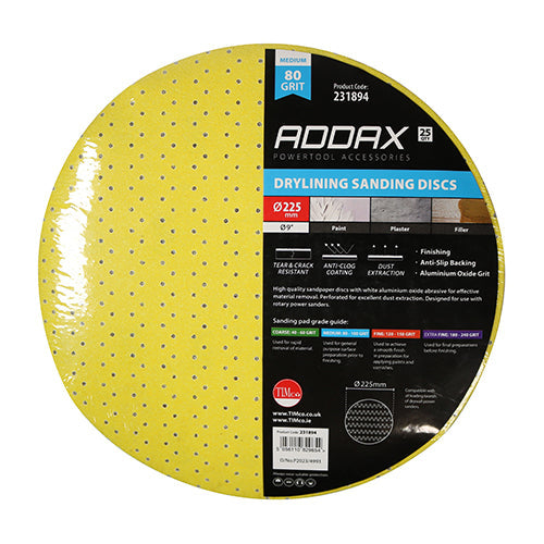 Drylining Sanding Discs - 80 Grit - Yellow - 225mm