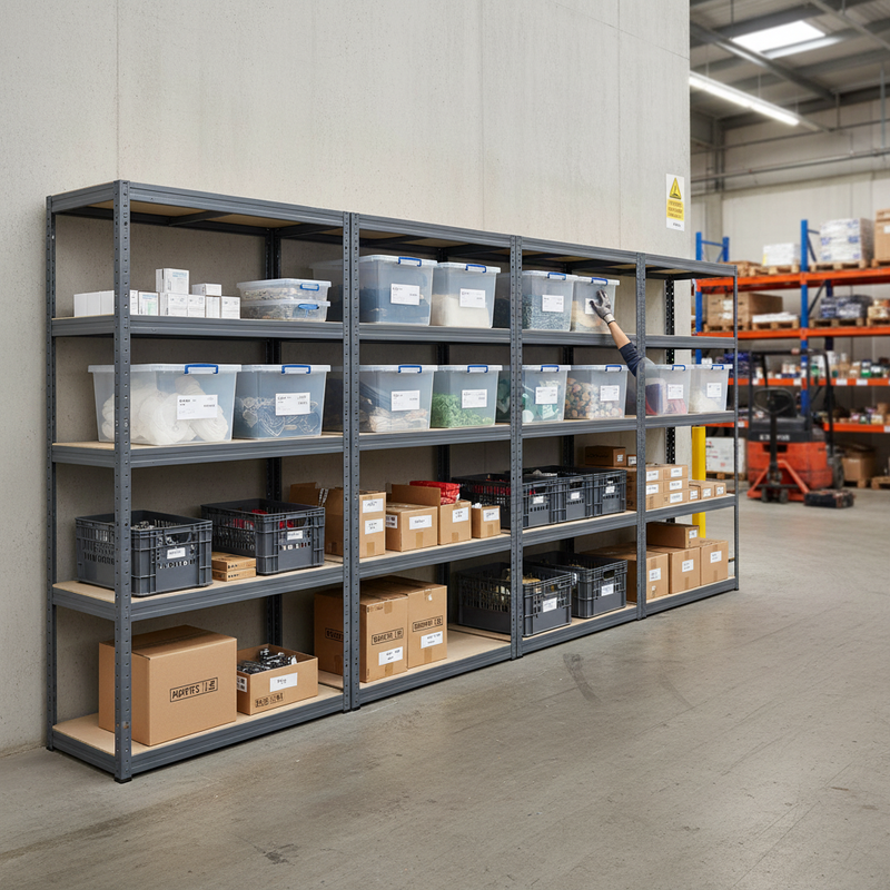 Premium 4x Shelving Units - 2130mm High - Grey with 8x 33.5L Storage Boxes