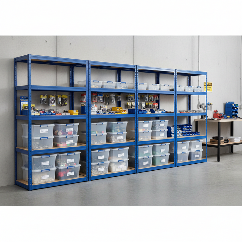 Premium 4x Shelving Units - 1800mm High - Blue with 12x 33.5L Storage Boxes