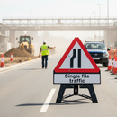Premium Road Narrows Left Sign with Single File Traffic Supplement Plate for Enhanced Road Safety