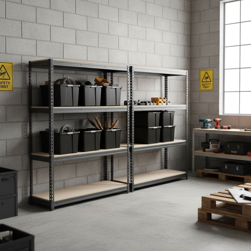 2x Premium Heavy Duty Shelving - 1600mm High - Grey with 8x 62L Plastic Storage Boxes