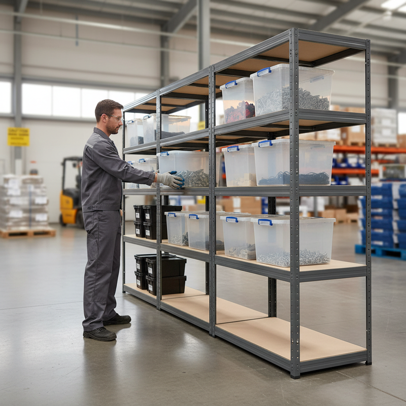 4x Premium Shelving Units - 1800mm High - Grey with 12x 33.5L Storage Boxes