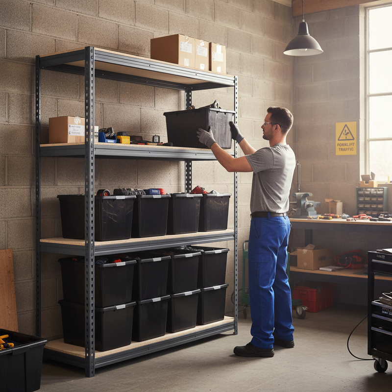 2x Heavy Duty Shelving Units - 1600mm High - Grey with 12x 37L Plastic Storage Boxes