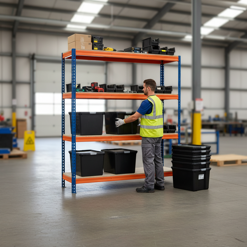 2x Premium Heavy Duty Shelving - 1600mm High - Blue & Orange with 8x 37L Plastic Storage Boxes