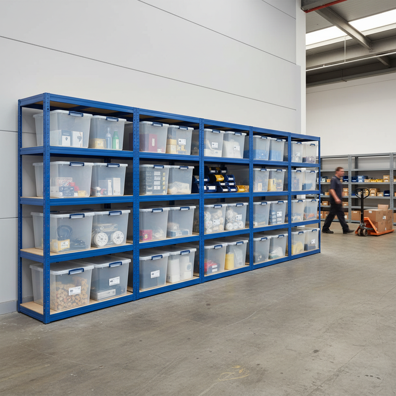 Premium 4x Shelving Units - 1800mm High - Blue with 12x 33.5L Storage Boxes
