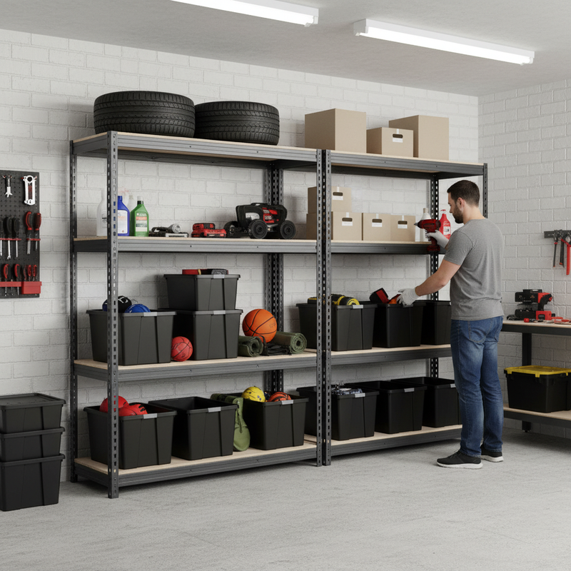 2x Heavy Duty Shelving Units - 2000mm High - Grey with 12x 37L Storage Boxes