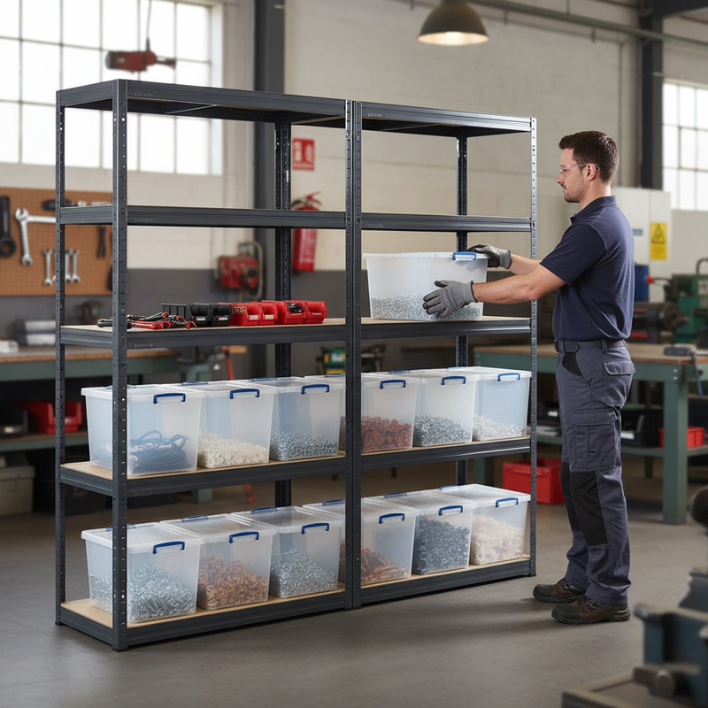 Premium Shelving Units with 12x 33.5L Storage Boxes - 1800mm High - Grey