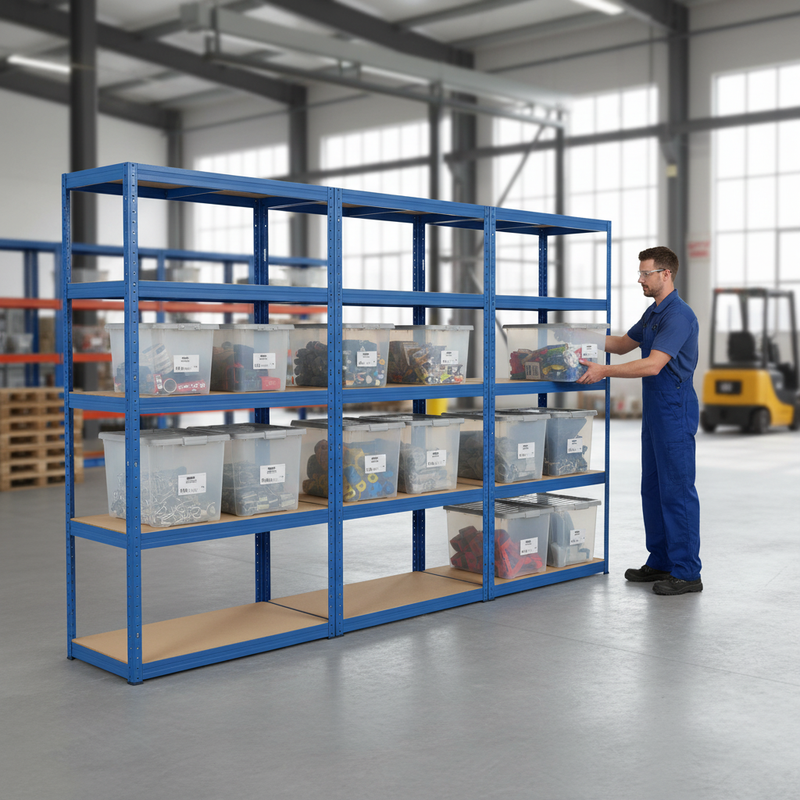 4x Heavy Duty Shelving Units - 1800mm High - Blue with 12x 60L Plastic Storage Boxes