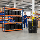 2x Heavy Duty Shelving - 2200mm High - Blue & Orange with 8x 62L Plastic Storage Boxes