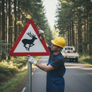 Premium Wild Animals In Road Warning Sign - Post Mounted for Safety with Customizable Animal Type Options