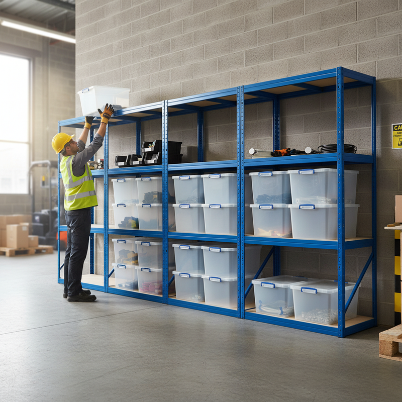 3x Heavy Duty Shelving Units - 1600mm High - Blue with 12x 33.5L Storage Boxes