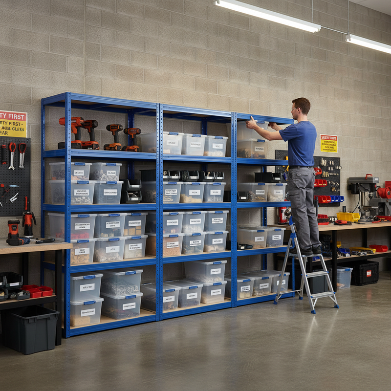 4x Heavy Duty Shelving Units - 2130mm High - Blue with 12x 33.5L Storage Boxes