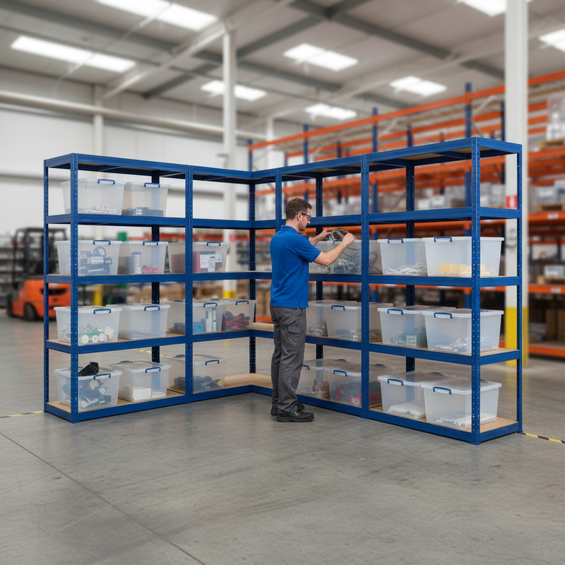 3x Heavy Duty Shelving Units - 1800mm High - Blue with 12x 33.5L Storage Boxes