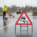 Premium Slippery Road Surface Sign - 750mm Triangular Metal Sign with Retroreflective Face