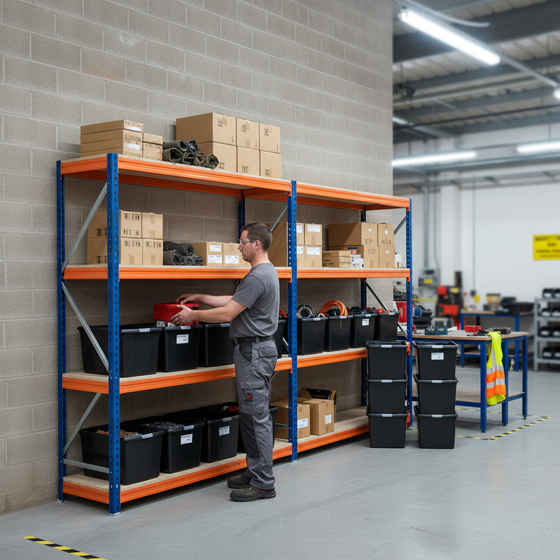 2x Premium Heavy Duty Shelving - 1800mm High - Blue & Orange with 8x 62L Plastic Storage Boxes