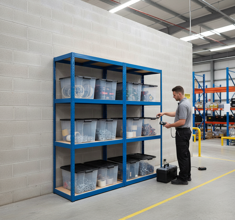 2x Heavy Duty Shelving Units - 1600mm High - Blue with 8x 24L Plastic Storage Boxes