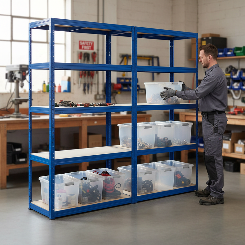 Premium 2x Shelving Units with 12x 60L Plastic Storage Boxes - 2130mm High