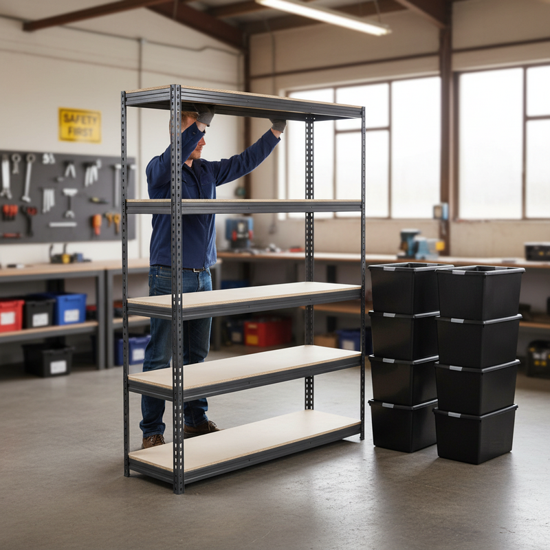 Premium Heavy Duty Shelving with 12x 62L Plastic Storage Boxes - 1600mm High - Grey