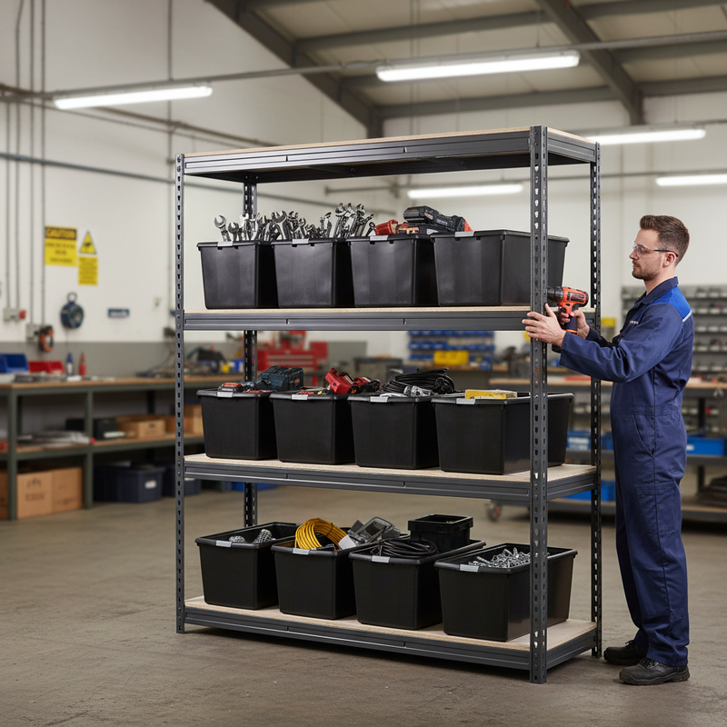 Heavy Duty Shelving with 12x 62L Plastic Storage Boxes - 1800mm High - Grey