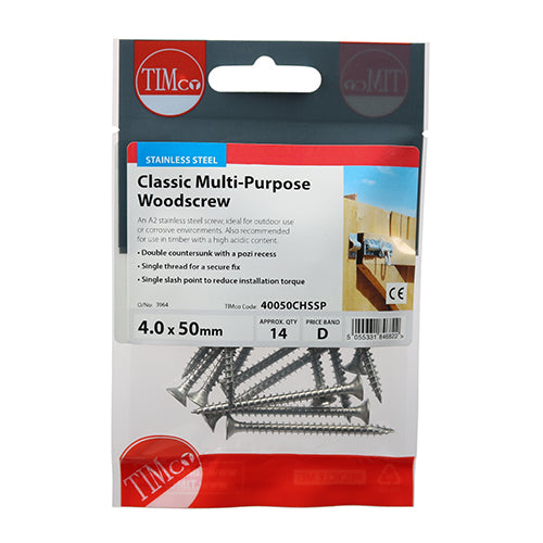 Classic Multi-Purpose Screws - PZ - Double Countersunk - Stainless Steel - 4.0 x 50