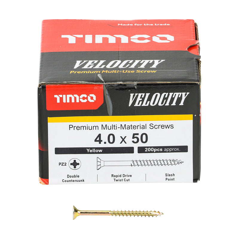 Velocity Premium Multi-Use Screws - PZ - Double Countersunk - Yellow - 4.0 x 50